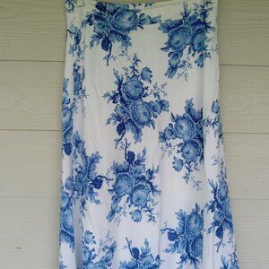 Women's A-Line Linen Rayon Blend Skirt Sz 6 Lined Blue Floral Print Romance